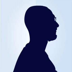 Profile portrait, man head silhouette icon, blue background.